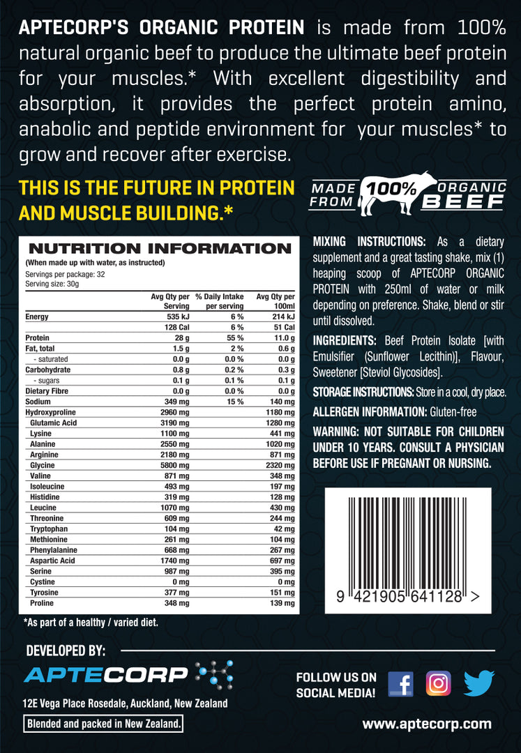 Aptecorp Dairy-Free Organic Protein Isolate Vanilla Nutritional Information