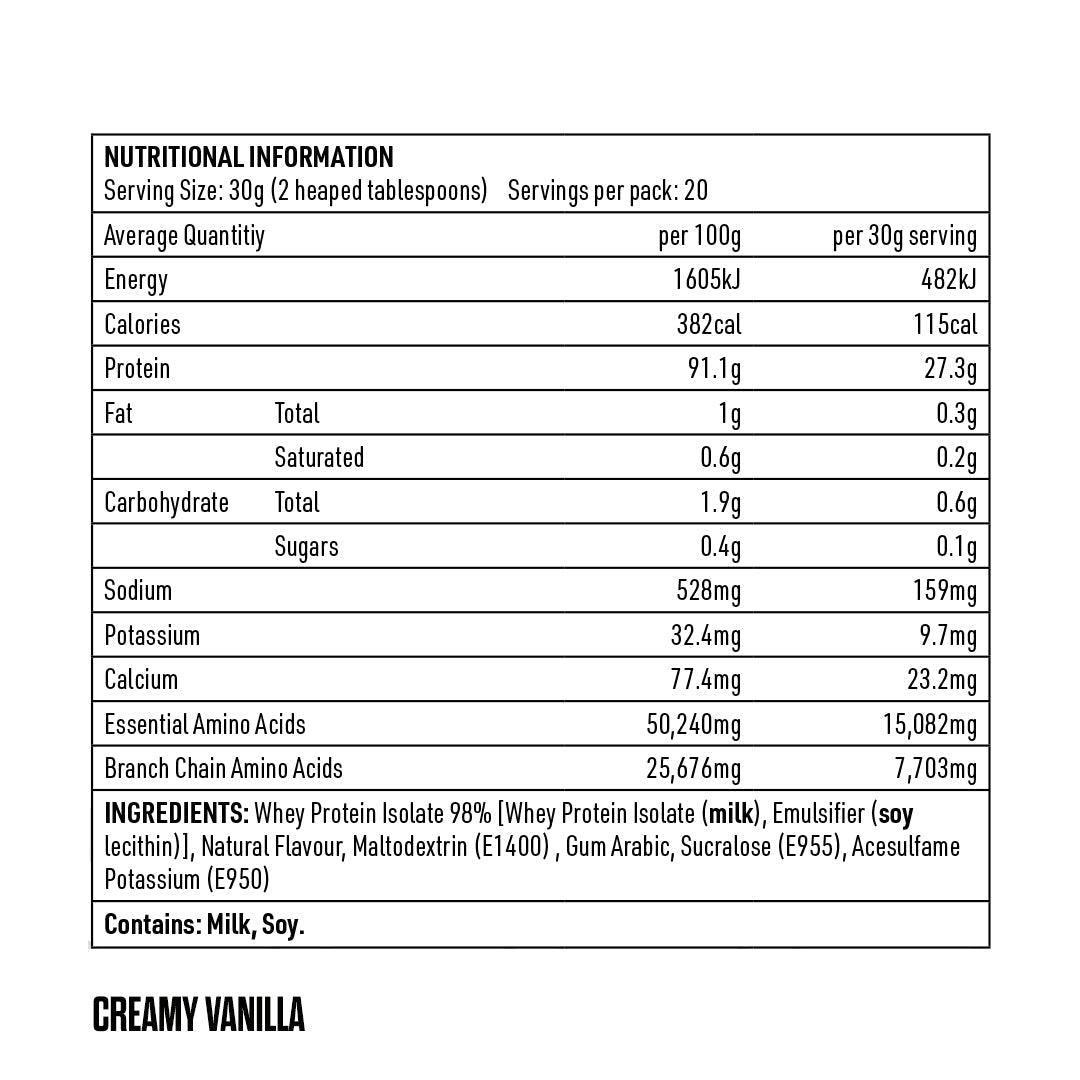 Eat Me Lean Shake 600g Creamy Vanilla Whey Protein Isolate (WPI)  Nutritional Information